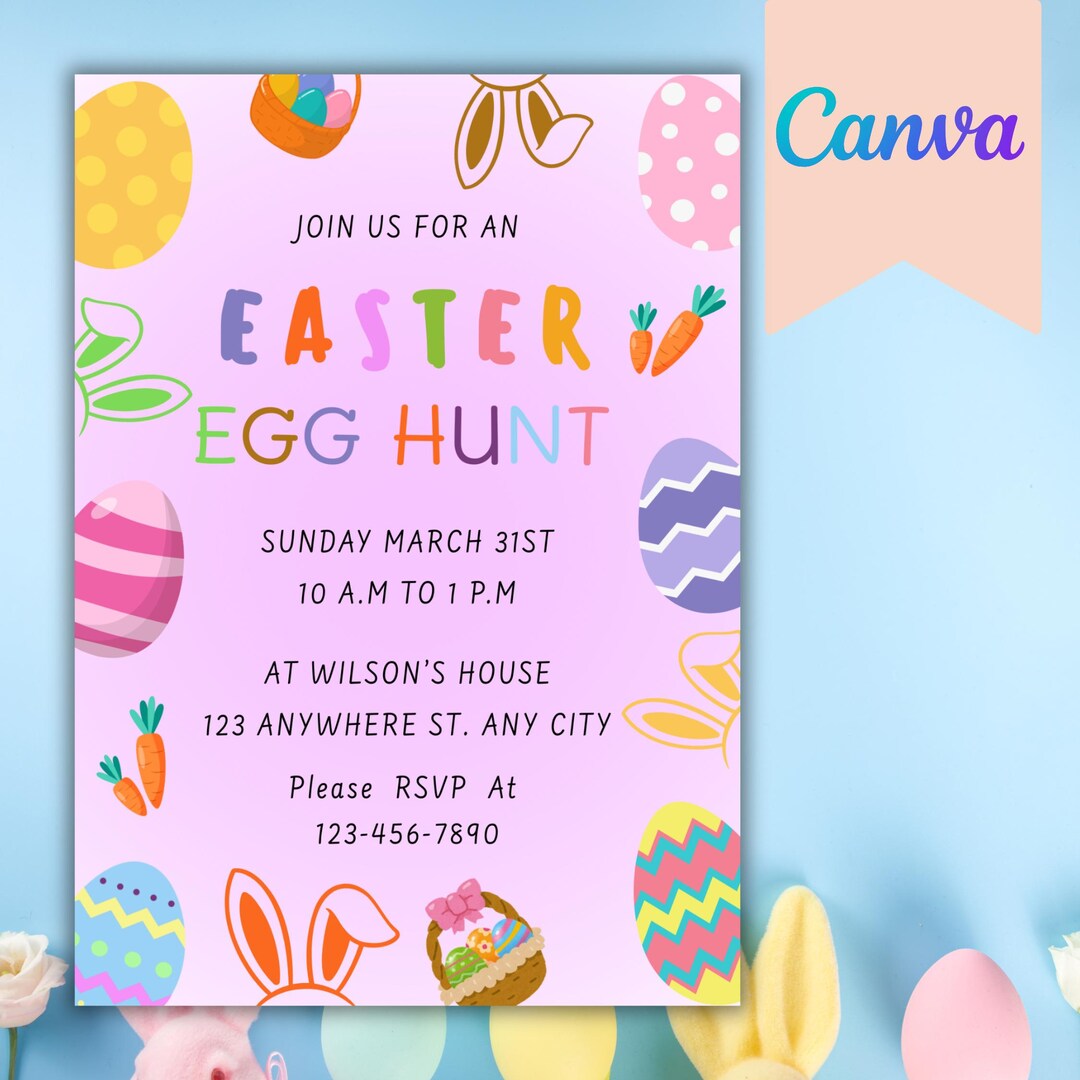 Bunny Easter Egg Hunt Invitation | Editable Canva Template - Etsy