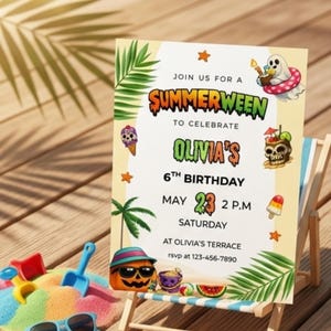 Summerween Bash Birthday Invitation | Girl Spooky Beach Party | Halloween Summer Invite | Skeleton Flamingo Halloween