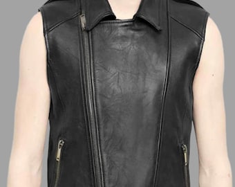 Men's Black Leather Moto Vest – Handmade Genuine Leather Slim Fit Biker Style
