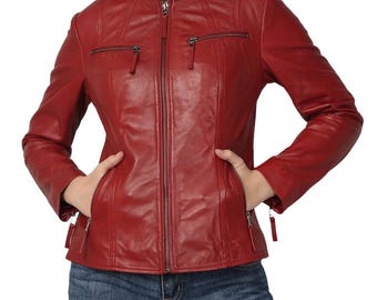 Red Women's Handmade Real Lambskin Leather Moto Jacket: Slim Fit Biker Coat