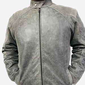 Handmade Grey Suede Cafe Racer Jacket: Distressed Biker Coat