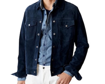 Chaqueta de camionero de ante auténtico azul marino para hombre, nueva, hecha a mano, corte entallado.