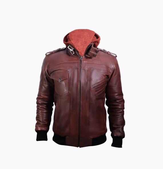 Blouson homme marron en cuir d'agneau à capuche amovible style
