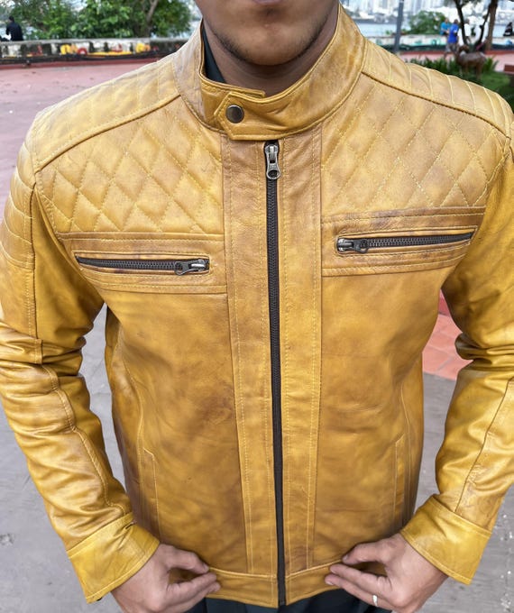 Handmade Mustard Yellow Lambskin Men Biker Jacket: Slim Fit Cafe Racer