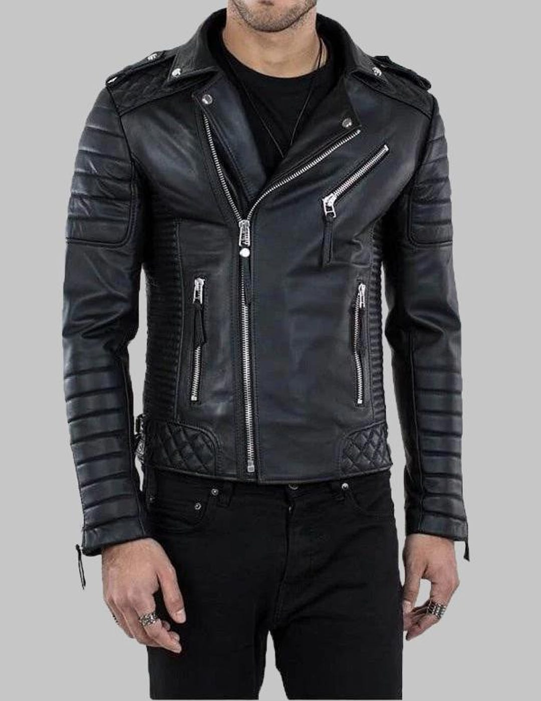 Shajacket Men’s Black Lambskin Leather Biker Jacket - Handmade Quilted Moto Coat ...