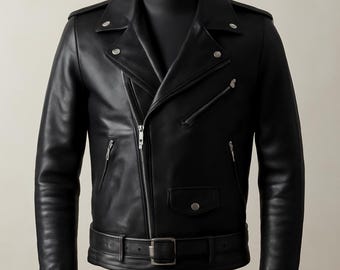 May include: Black leather biker jacket with an off-centre zip, press-stud lapels, and a belted waist. Includes multiple zipped pockets and silver-tone hardware. The jacket is displayed on a mannequin.