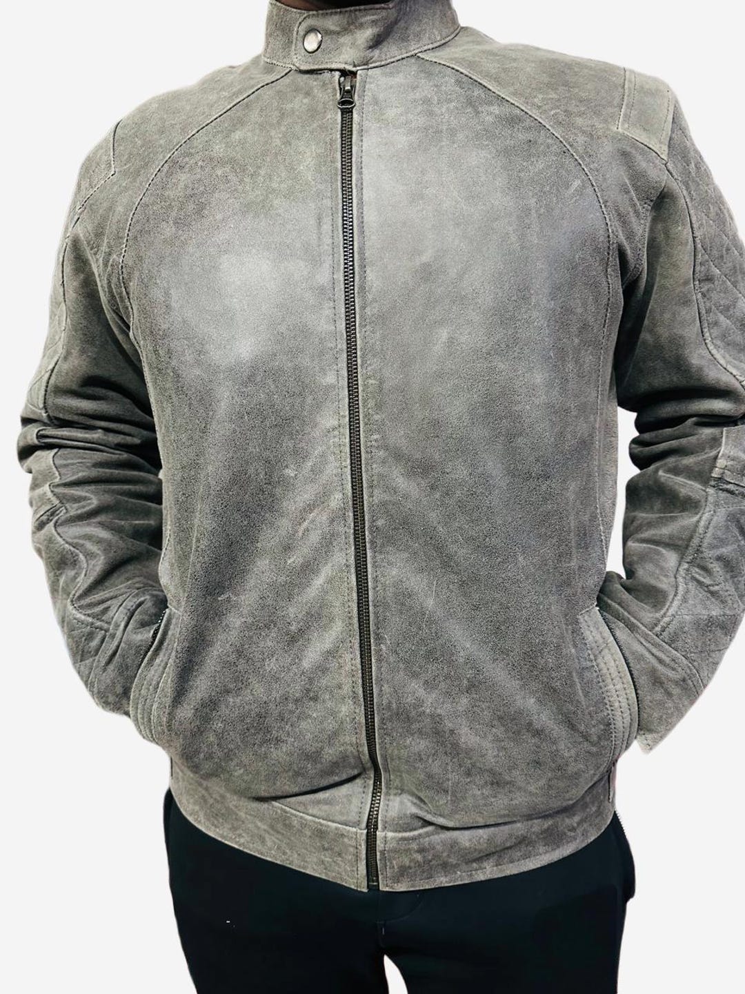 Handmade Grey Suede Cafe Racer Jacket: Distressed Slim Fit Biker Coat ...