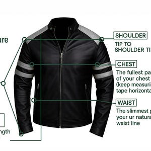 K&ouml;nnte beinhalten: Schwarze Lederjacke mit silbernen Akzenten und Rei&szlig;verschluss. Das Bild enth&auml;lt eine Diagramm mit Anweisungen zur Messung von Brust, Taille, Schulter, &Auml;rmel und Jackenl&auml;nge. Das Markenlogo ist sichtbar.