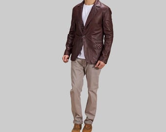 Men’s Maroon Leather Blazer Jacket | Slim Fit Quilted Handmade Genuine Lambskin Casual Formal Outfit