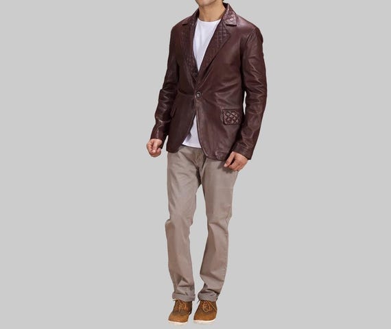 Men's Maroon Leather Blazer Jacket | Slim Fit Quilted Handmade Genuine Lambskin Casual Formal Outfit Men's Maroon Leather Blazer Jacket | Slim Fit Quilted Handmade Genuine Lambskin Casual Formal Outfit