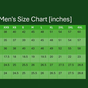 K&ouml;nnte beinhalten: Eine gr&uuml;ne Tabelle mit der &Uuml;berschrift "Men's Size Chart [inches]" mit Ma&szlig;en f&uuml;r Brust, Taille, H&uuml;fte, Schulter, &Auml;rmel und L&auml;nge. Die Gr&ouml;&szlig;en reichen von XXS bis 4XL. Das Sinuyor Leather-Logo befindet sich oben rechts.