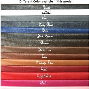 K&ouml;nnte beinhalten: Das Bild zeigt Lederproben in verschiedenen Farben. Die Farben umfassen Schwarz, Wei&szlig;, Grau, Marineblau, Blau, Dunkelbraun, Braun, Dunkelbraun, Hellbraun, Mangobraun, Rot, Hellrot und Pink. Der Text lautet: "Verschiedene Farben in diesem Modell verf&uuml;gbar."