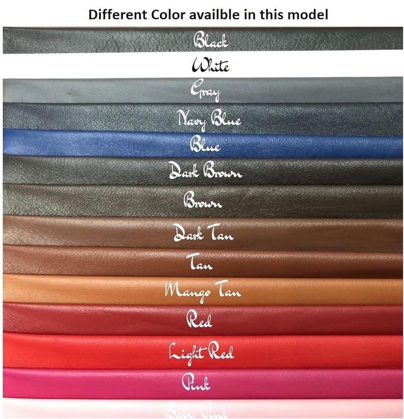 K&ouml;nnte beinhalten: Das Bild zeigt Lederproben in verschiedenen Farben. Die Farben umfassen Schwarz, Wei&szlig;, Grau, Marineblau, Blau, Dunkelbraun, Braun, Dunkelbraun, Hellbraun, Mangobraun, Rot, Hellrot und Pink. Der Text lautet: "Verschiedene Farben in diesem Modell verf&uuml;gbar."