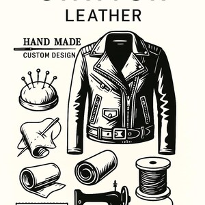 K&ouml;nnte beinhalten: Schwarz-Wei&szlig;-Illustration mit Lederjacke, N&auml;hwerkzeugen und dem Text "SINIYOR LEATHER". Das Bild zeigt eine N&auml;hmaschine, Faden und Stoffrollen mit den Worten "HAND MADE CUSTOM DESIGN".