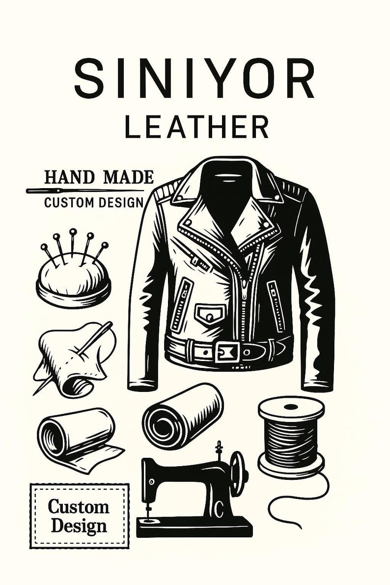 K&ouml;nnte beinhalten: Schwarz-Wei&szlig;-Illustration mit Lederjacke, N&auml;hwerkzeugen und dem Text "SINIYOR LEATHER". Das Bild zeigt eine N&auml;hmaschine, Faden und Stoffrollen mit den Worten "HAND MADE CUSTOM DESIGN".
