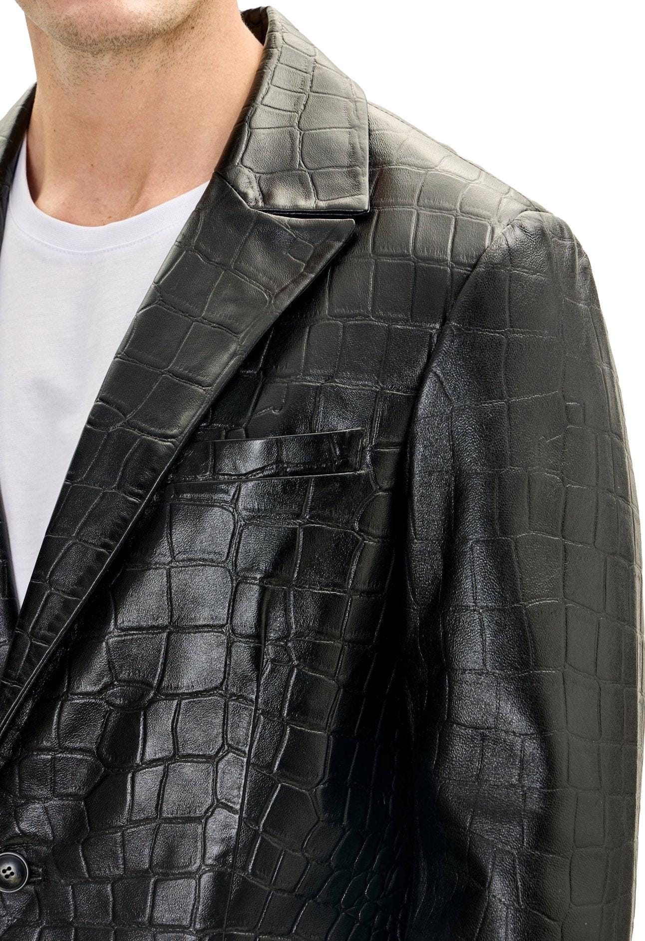 Handgefertigte Krokoprägung Leder Blazer Herren Schwarze Luxus