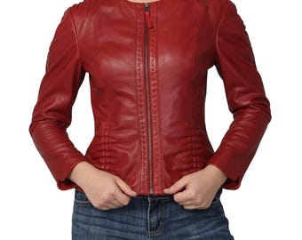 Women’s Red Leather Jacket | Genuine Lambskin Slim Fit Coat | Handmade Casual Biker Style