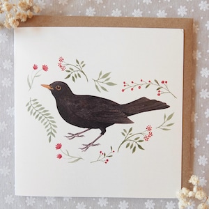 Blackbird Greeting Card, Blackbird Card, Greetings Cards, Blackbird Art, Blackbird Birthday Card, Square Card, Woodland Animal Art, Cute
