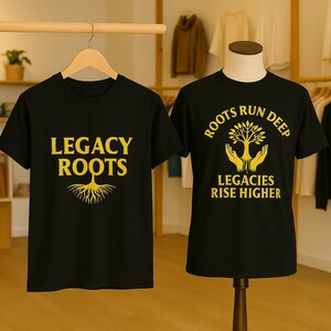 May include: Two black t-shirts with gold text. One shirt says "LEGACY ROOTS" with a tree root graphic. The other shirt reads "ROOTS RUN DEEP, LEGACIES RISE HIGHER" with a tree and hand graphic. Both are short-sleeved.