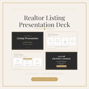 Könnte beinhalten: Bearbeitbare Canva-Vorlagen für Immobilienmakler mit einem Präsentationsdeck für Objektangebote. Das Design umfasst vier Folienvorschauen mit schwarzen und cremefarbenen Hintergründen, goldenen Akzenten und Textfeldern für Adressdaten.