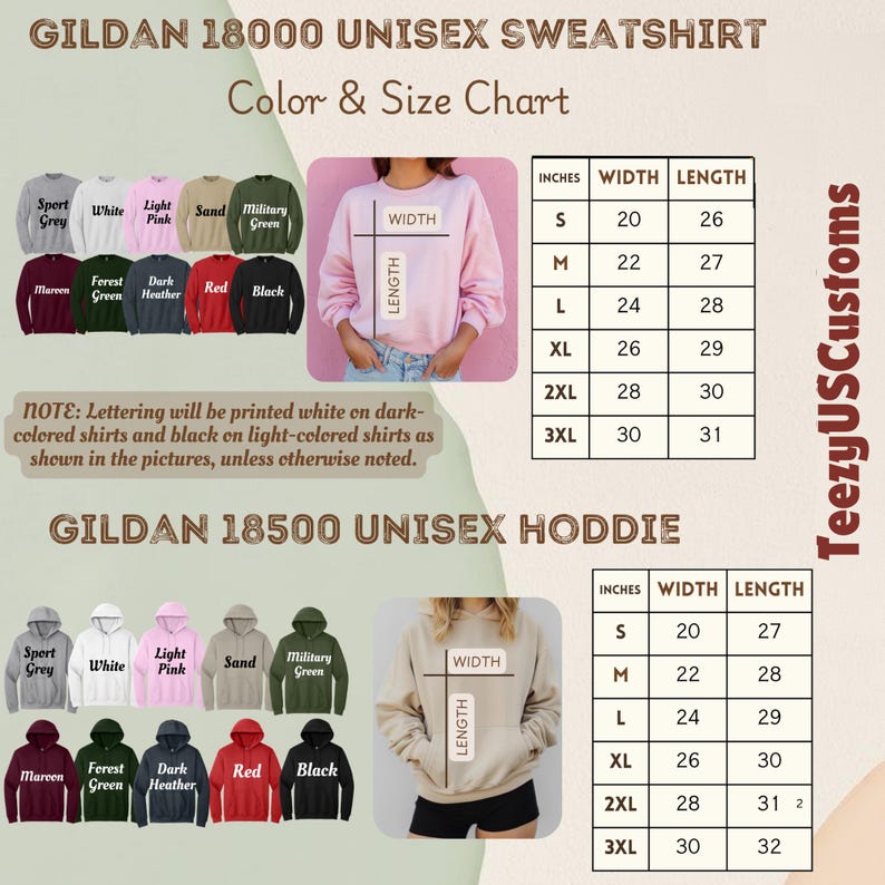 K&ouml;nnte beinhalten: Farb- und Gr&ouml;&szlig;entabelle f&uuml;r Gildan 18000 Unisex-Sweatshirts und 18500 Unisex-Hoodies. Enth&auml;lt eine Vielzahl von Farben. Die Gr&ouml;&szlig;entabelle zeigt Breite und L&auml;nge in Zentimetern.