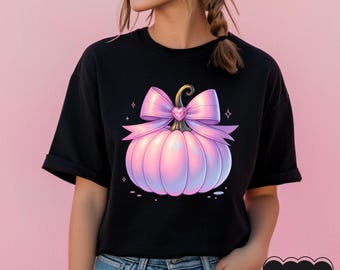 Pink Pumpkin Shirt, Cute Fall Halloween Tee, Girly Pastel Aesthetic Tshirt, Bow Pumpkin Graphic Tee, Fall Gift for Her
