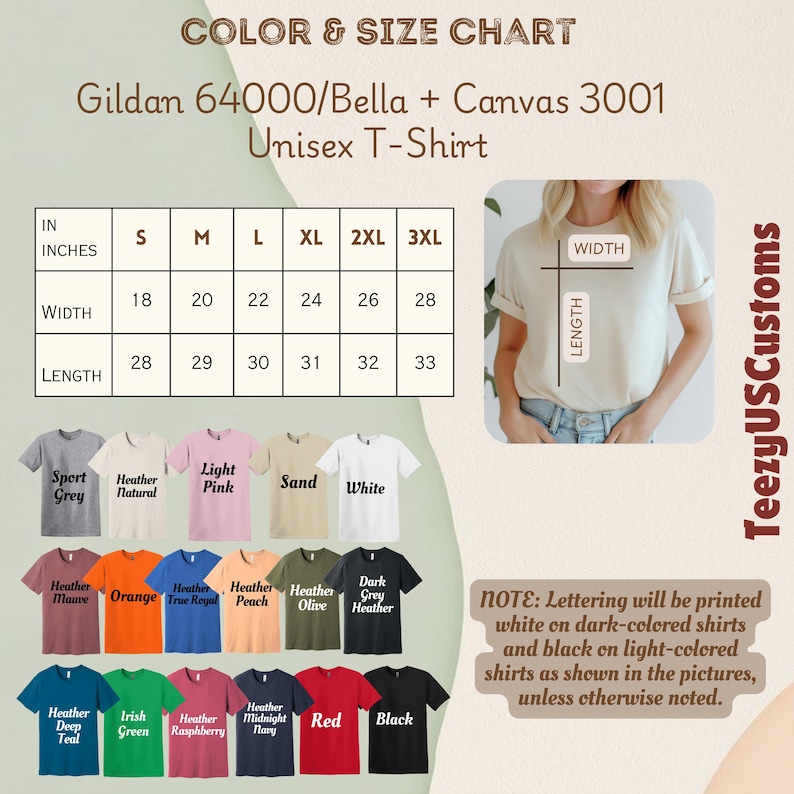 Może przedstawiać: Tabela rozmiar&oacute;w i kolor&oacute;w dla koszulki unisex, z rozmiarami od S do 3XL. Wymiary szerokości i długości podane są w calach. Obraz przedstawia wyb&oacute;r kolor&oacute;w koszulek, w tym Sport Grey, Heather Natural i Light Pink.