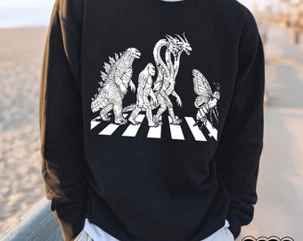 RETRO godzilla parody Abbey Road Shirt, Funny Kaiju shirt king kong mothra, ghidorah, Cool Retro Monster Shirt for Men gift graphic sweater