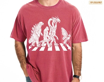 Comfort Colors®RETRO godzilla parody Abbey Road T-Shirt, Funny Kaiju shirt king kong mothra, ghidorah, Cool Retro Monster Shirt for Men gift