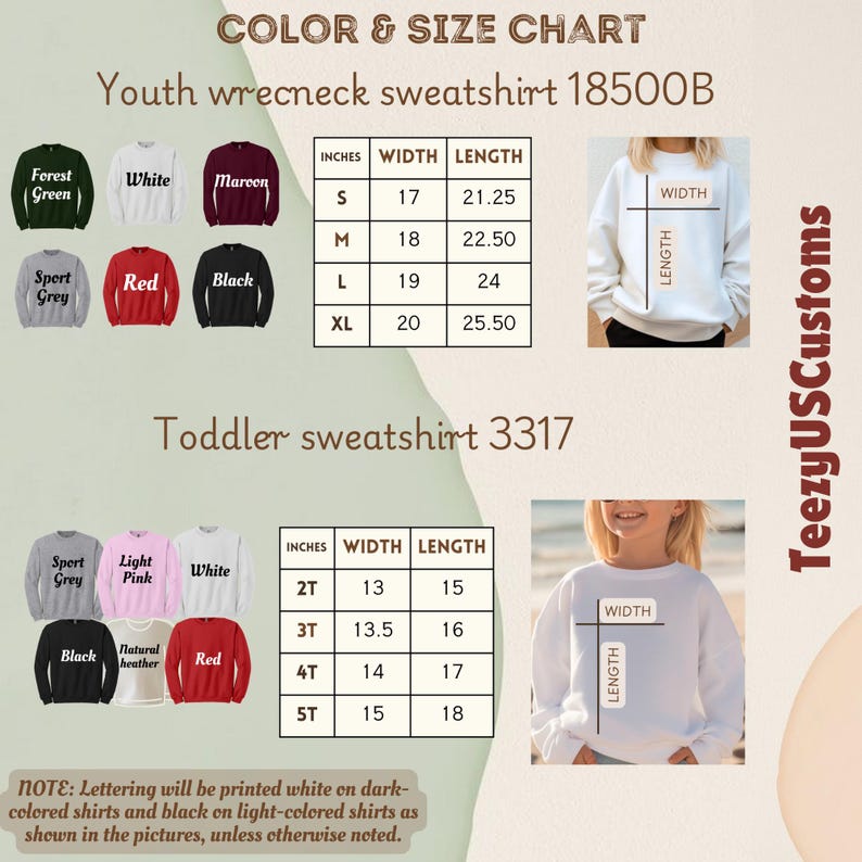 K&ouml;nnte beinhalten: Farb- und Gr&ouml;&szlig;entabelle f&uuml;r Sweatshirts f&uuml;r Jugendliche und Kleinkinder. Die Tabelle zeigt verschiedene Farben, darunter Waldgr&uuml;n, Wei&szlig; und Rot. Die Ma&szlig;e sind in Zoll f&uuml;r Breite und L&auml;nge angegeben, mit Gr&ouml;&szlig;en von S bis XL f&uuml;r Jugendliche und 2T bis 5T f&uuml;r Kleinkinder.