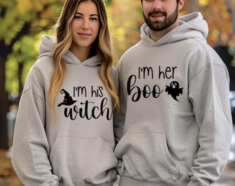 His Witch Her Boo Couple Halloween Sweatshirt – Cute Matching Ghost Witch Shirts for Couples – Fall Couple Halloween Shirt Gift Idea