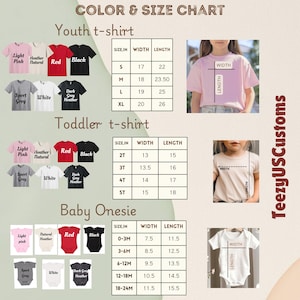 Może przedstawiać: Tabela kolor&oacute;w i rozmiar&oacute;w dla koszulek dla młodzieży, koszulek dla maluch&oacute;w i body dla niemowląt. Wymiary podane są w calach dla szerokości i długości. Opcje kolorystyczne obejmują czerwony, czarny i wrzosowy naturalny. Widoczna jest nazwa marki TeezyUSCustoms.