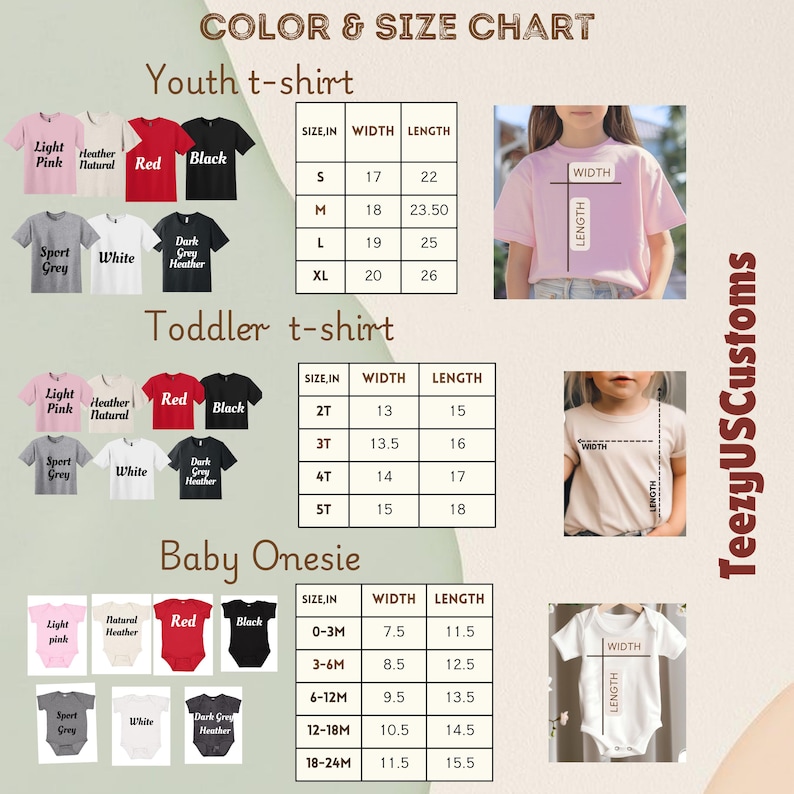 Może przedstawiać: Tabela kolor&oacute;w i rozmiar&oacute;w dla koszulek dla młodzieży, koszulek dla maluch&oacute;w i body dla niemowląt. Wymiary podane są w calach dla szerokości i długości. Opcje kolorystyczne obejmują czerwony, czarny i wrzosowy naturalny. Widoczna jest nazwa marki TeezyUSCustoms.