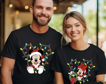 Aangepast Disney Mickey en vrienden kerstverlichting T-shirt, familie bijpassende kerstshirt, aangepast Disney-personages kerst-T-shirt