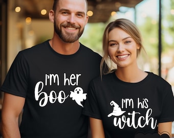 His Witch Her Boo Couple Halloween Shirt Set – Cute Matching Ghost Witch Shirts for Couples – Fall Couple Halloween T-Shirt Gift Idea