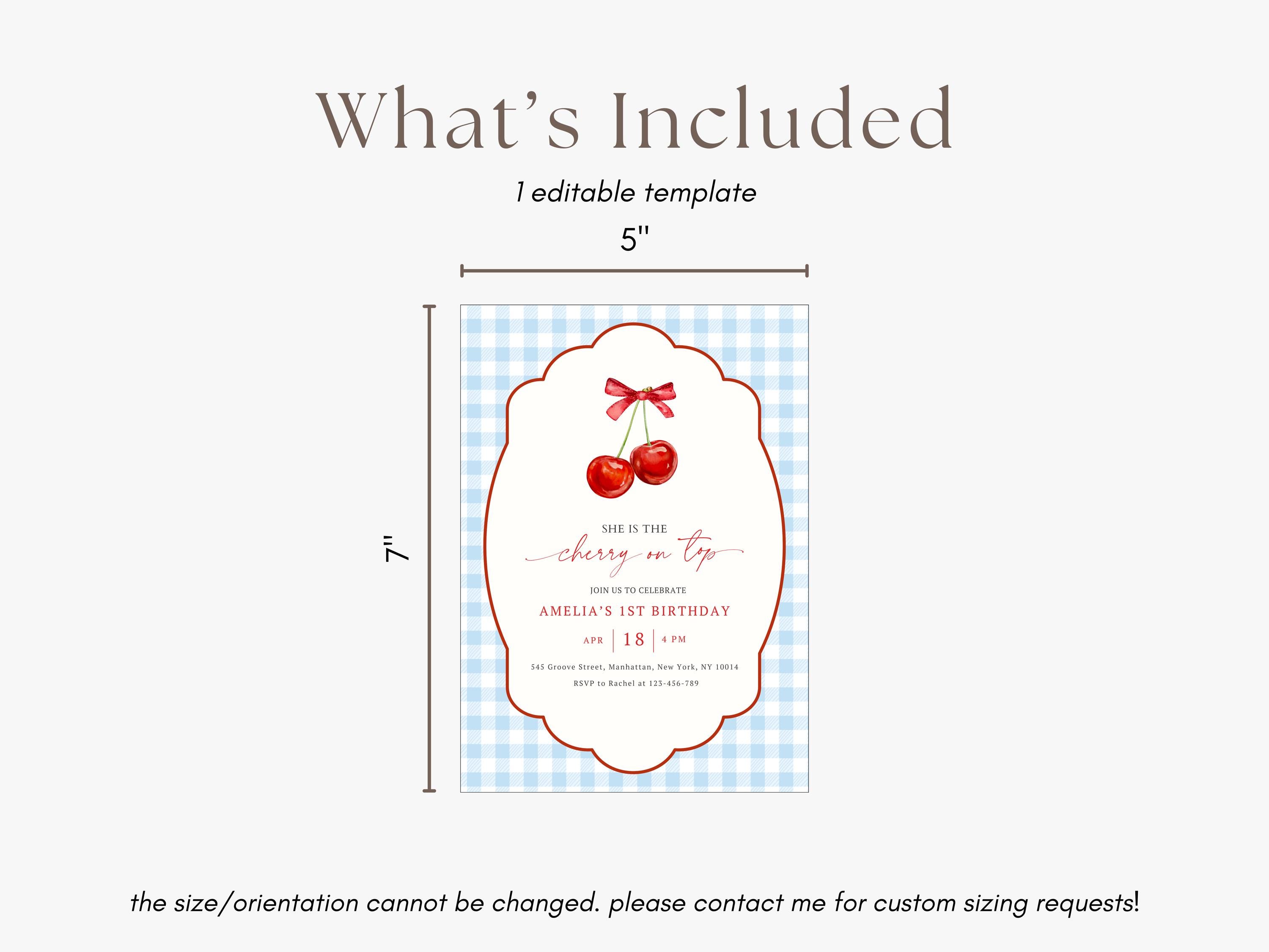 Printable Inv Cherry on Top 1st Birthday Invitation Printable Template, Girl Birthday ...