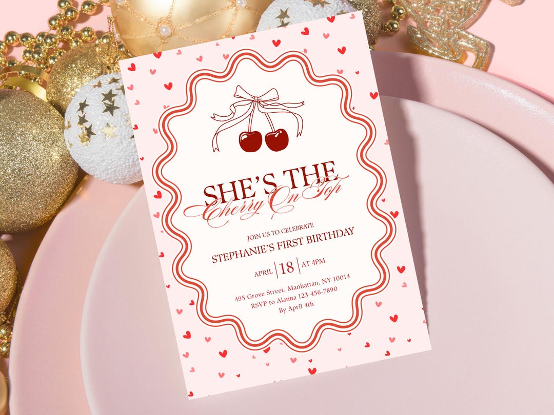 Cherry on Top 1st Birthday Invitation Printable Template, Girl Birthday ...