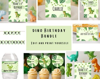 May include: A collection of dinosaur-themed birthday party decorations. Includes invitations, place cards, cupcake toppers, water bottle labels, and a banner. The designs feature green dinosaurs and tropical leaves. The text includes "Noah's 4th Birthday".
