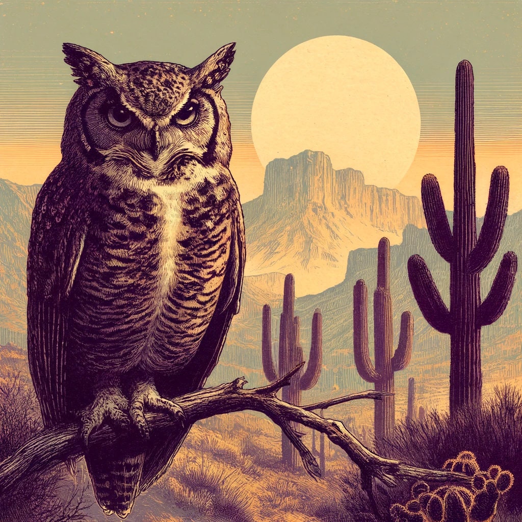 Owl in Desert with Saguaro Cactuses at Sunset | Digital Art Print | Western | Neutral Colors | Digit
