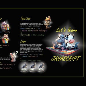 Peut inclure: Affiche éducative avec le texte "Let's learn JavaScript" et des exemples de types de données, de variables, de fonctions et de boucles. Des animaux de dessins animés illustrent chaque concept, dont une souris, un lion, un lapin, un hippopotame et une vache.