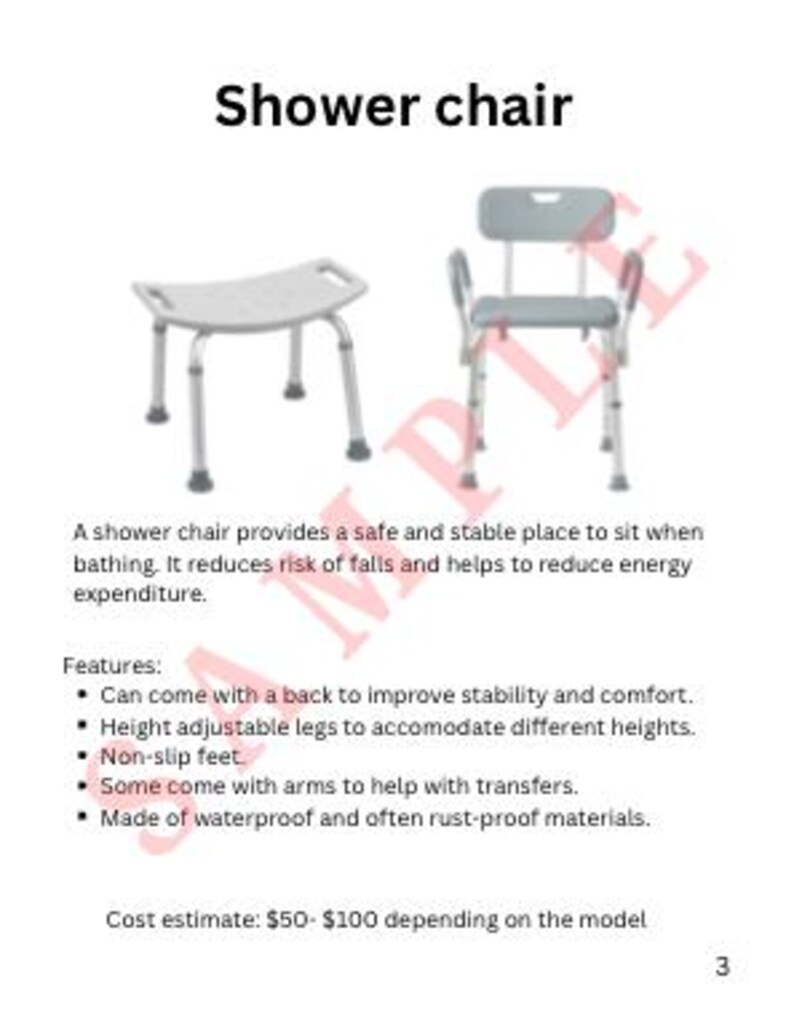 May include: Two shower chairs are shown. One is a white, curved bench with four legs. The other is a gray chair with a back, armrests, and adjustable legs. The text says the chairs provide a safe place to sit while bathing.