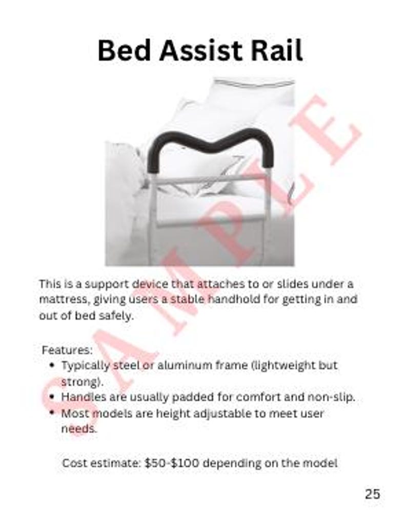 May include: A bed assist rail with a black, curved handle and a silver frame. The rail is designed to attach to a mattress, providing a stable handhold for getting in and out of bed. The text on the image says "Bed Assist Rail".