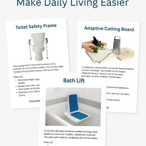 May include: Image of adaptive equipment for daily living, including a toilet safety frame, adaptive cutting board, and bath lift. The image includes text that says "Make Daily Living Easier" and "Instant PDF Download."