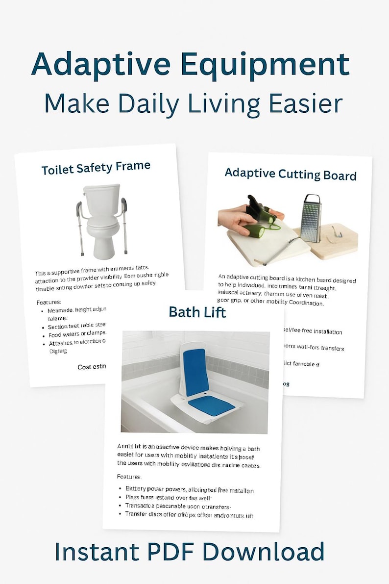 May include: Image of adaptive equipment for daily living, including a toilet safety frame, adaptive cutting board, and bath lift. The image includes text that says "Make Daily Living Easier" and "Instant PDF Download."