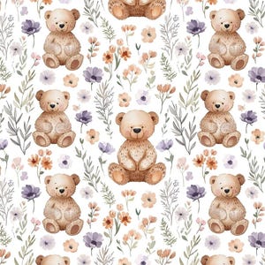 May include: A repeating pattern featuring light brown teddy bears, purple and orange flowers, and green foliage on a white background. The bears are sitting with their arms outstretched. The floral elements are scattered throughout the design.