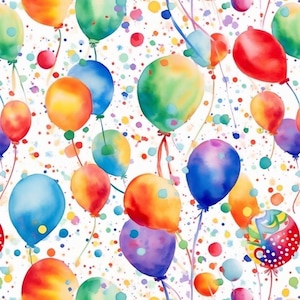 Könnte beinhalten: Aquarell-Illustration von bunten Luftballons in Rot-, Orange-, Gelb-, Grün-, Blau- und Lilatönen. Die Ballons sind auf einem weißen Hintergrund mit bunten Farbspritzern und Bändern verstreut.