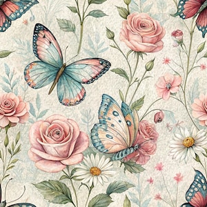 May include: A seamless pattern featuring soft pink roses, white daisies, and butterflies with blue and peach wings. The design includes green stems and leaves on a textured cream background, creating a repeating botanical illustration.