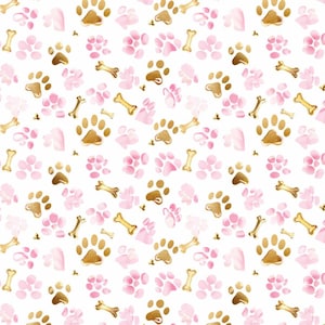 Puede incluir: Un patrón repetido de huellas de patas doradas y rosas y huesos de perro sobre un fondo blanco. Las huellas de las patas varían en tamaño y son de estilo acuarela. Los huesos de perro son dorados.
