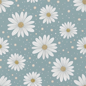 May include: A seamless pattern featuring white daisies with yellow centers and white petals, scattered across a light blue background. Small white and beige dots fill the spaces between the flowers, creating a floral design.