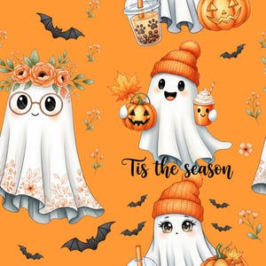 Orange Background Cute Halloween Ghost Fabric, sold by half yards, handmade DIY fabric
